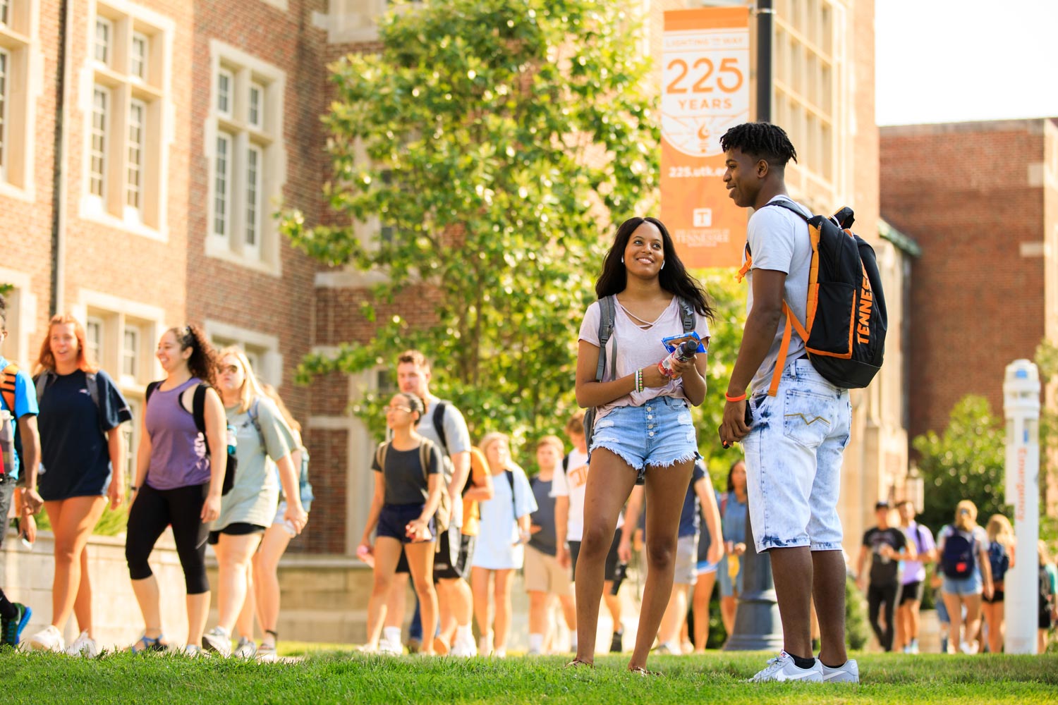 two students talking outside