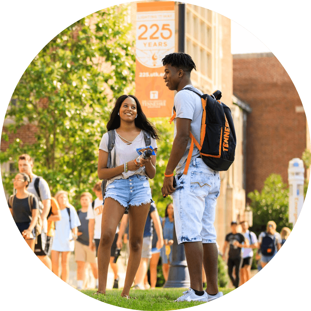 two students talking outside