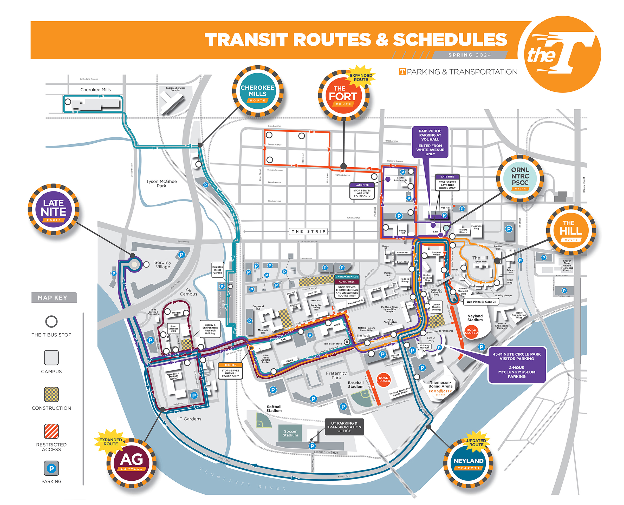 map of UT campus with different colors indicating the routes